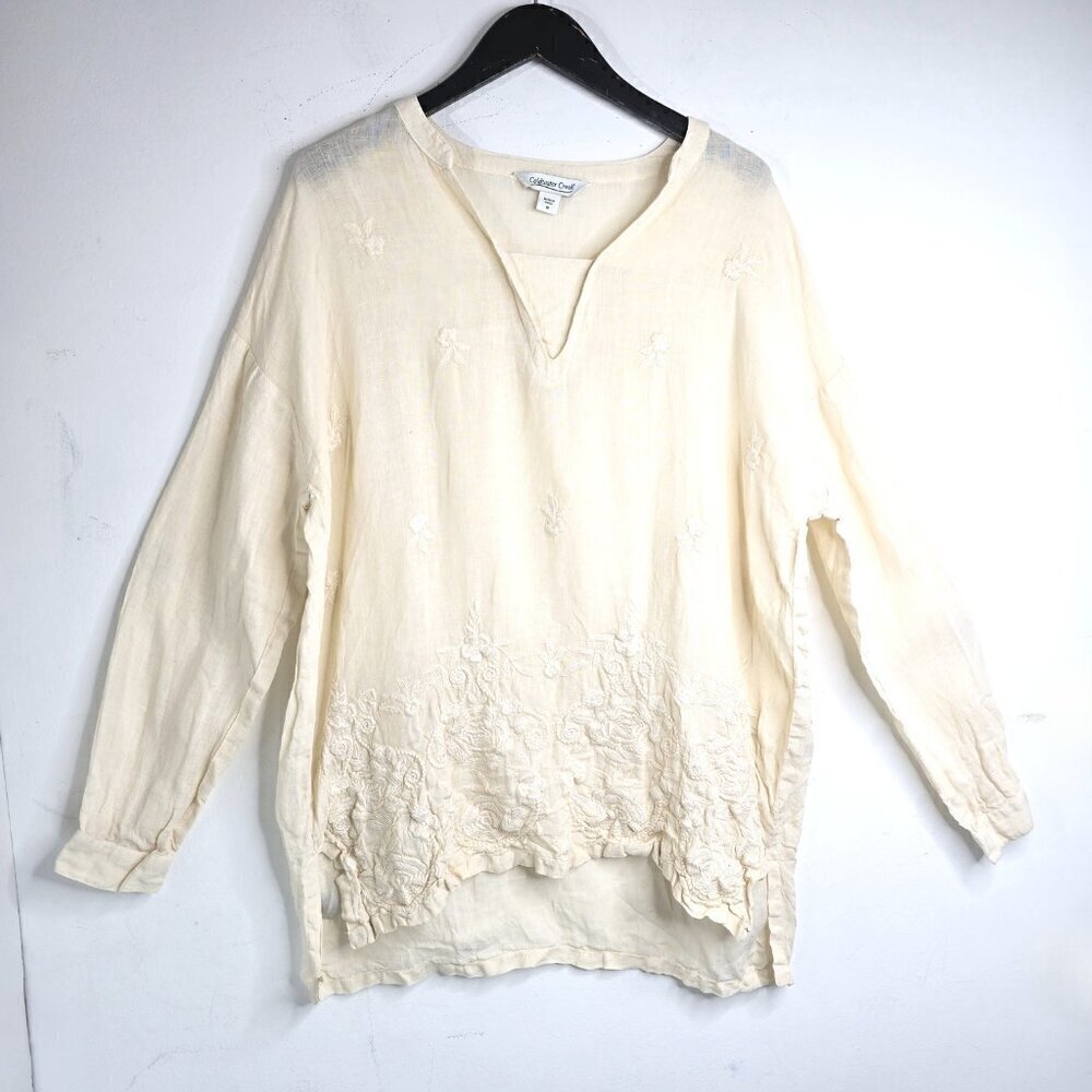 COLDWATER CREEK Ivory LINEN Floral Embroidered Oatmeal Beige Lagenlook Tunic Top